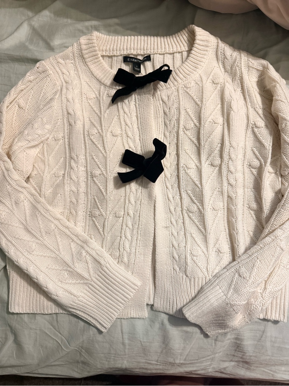 41 Hawthorn Ivory Cable Knit Cardigan with Black Velvet Bows